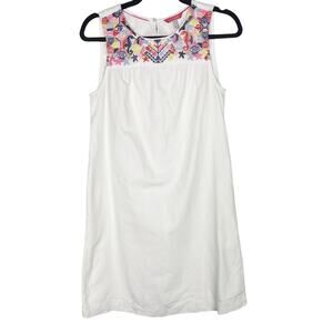 Joules Womens US 4 White Embroidered Sleeveless Shift Dress Cotton Linen Keyhole